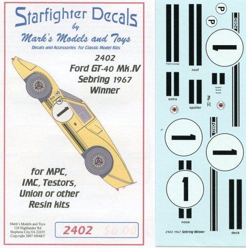 (image for) Starfighter Decals 2402 1/24 Ford GT40 MK IV 1967 Sebring Winner